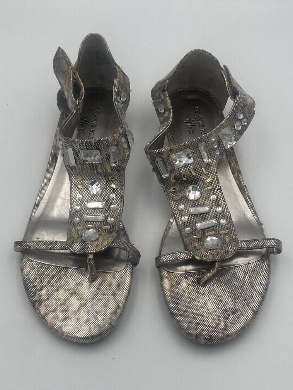 AK Anne Klein Strappy Thong Sandals Silver Rhinestone Buckle Animal Print Women